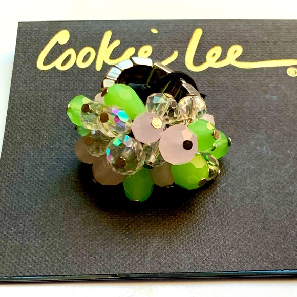 🌳 Genuine Crystal Green Pink & Clear Stretch Ring Silver Tone by Cookie Lee - Picture 2 of 9